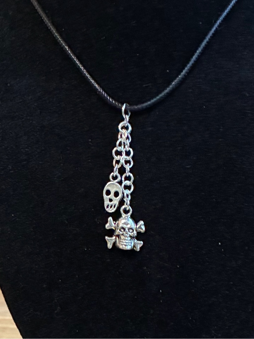 Handcrafted Double Skull Pendant Cord Necklace | Silver Goth